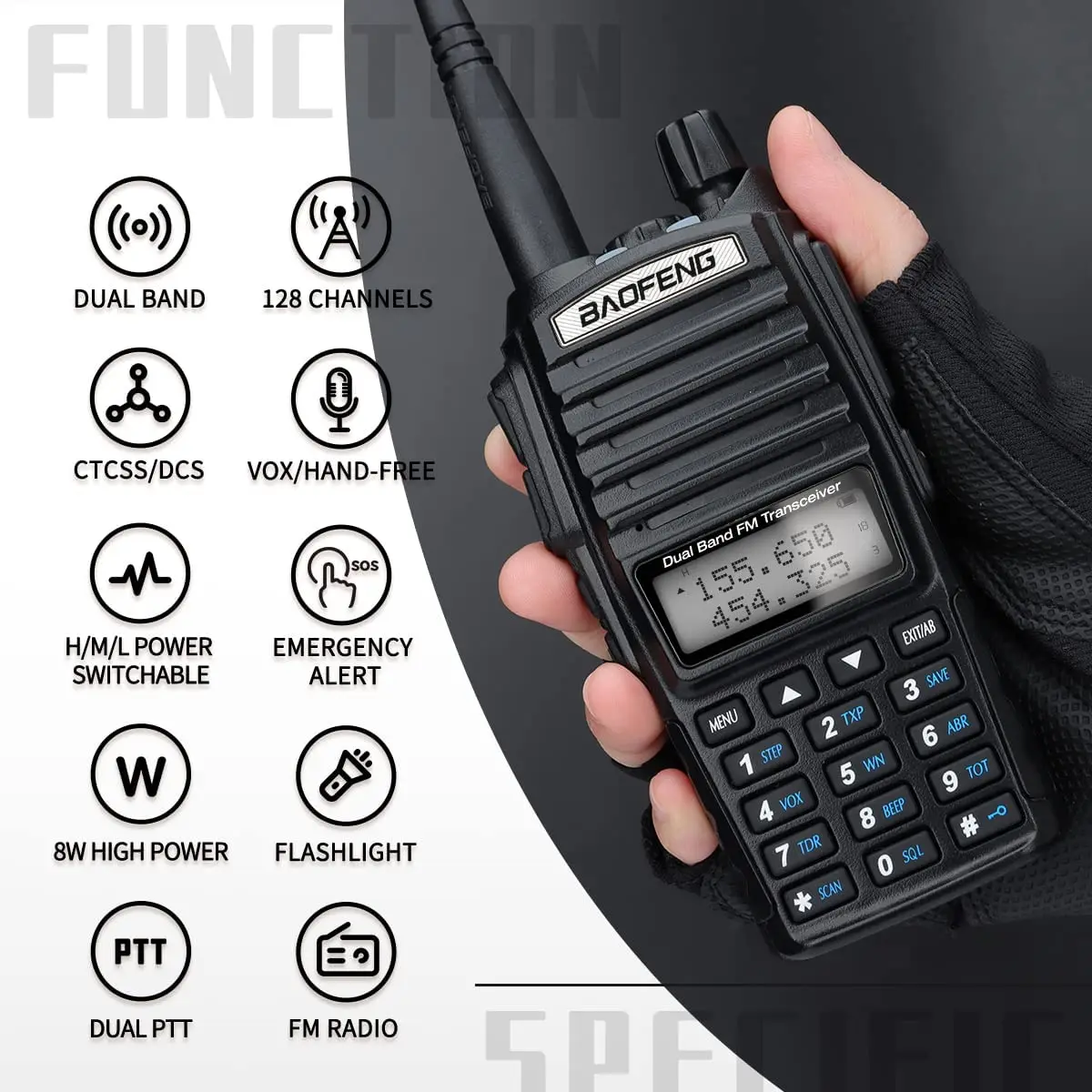 Baofeng UV 82 Walkie Talkie Real 5W 8W Ham Radio Comunicador Dual PTT Dalekiego Zasięgu 2 Way Przenośna radiostacja FM Amatorska