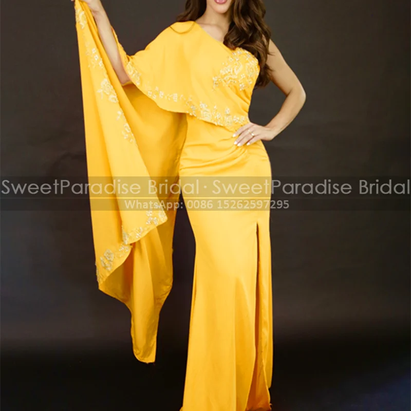 Vestido de noche de sirena amarillo dorado, apliques de un hombro, mangas largas individuales, vestidos de graduación personalizados con abertura lateral