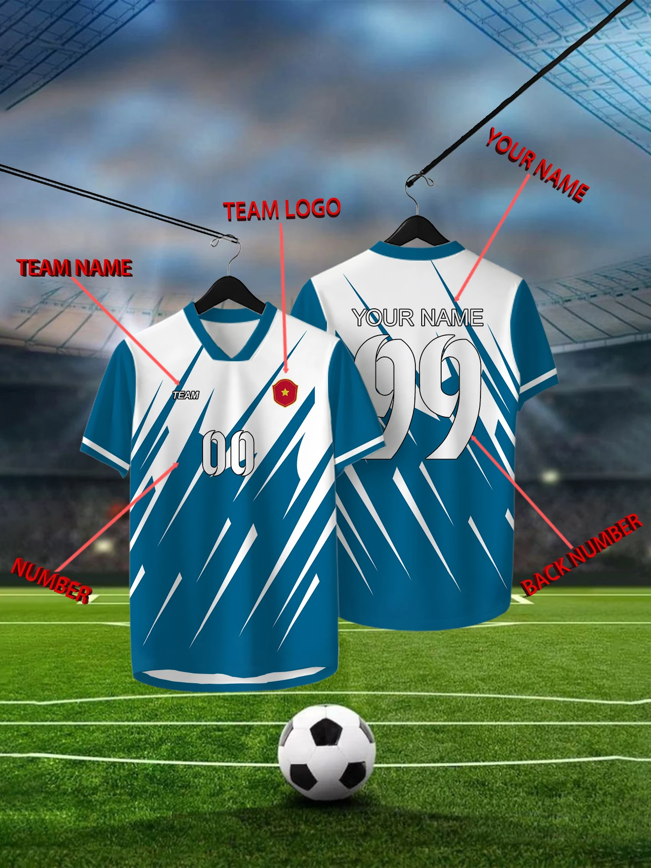 

Customized Geometric Blue Short Sleeved Shirt with Team Name, Emblem, Name and Number, Outdoor Sports Short Sleeved T-shirt