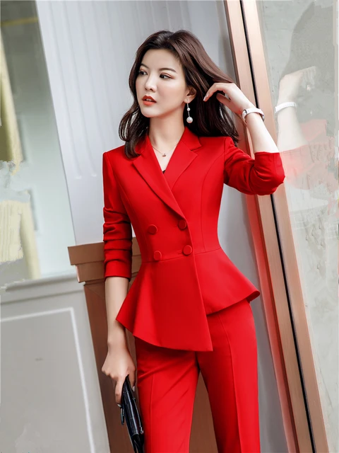 Women Red Blazer Slim Spring Autumn New Elegant Office Lady Work Suit Ruffled Double Breasted Blazer Solid Dushicolorful AliExpress 200000345