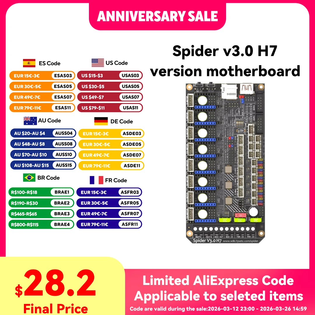 

FYSETC Spider V3.0 H7 32 Bit MotherBoard Drive 24V/48V optional Power Supply Board 8 Axis TMC5160T TMC2209 High Speed for Voron