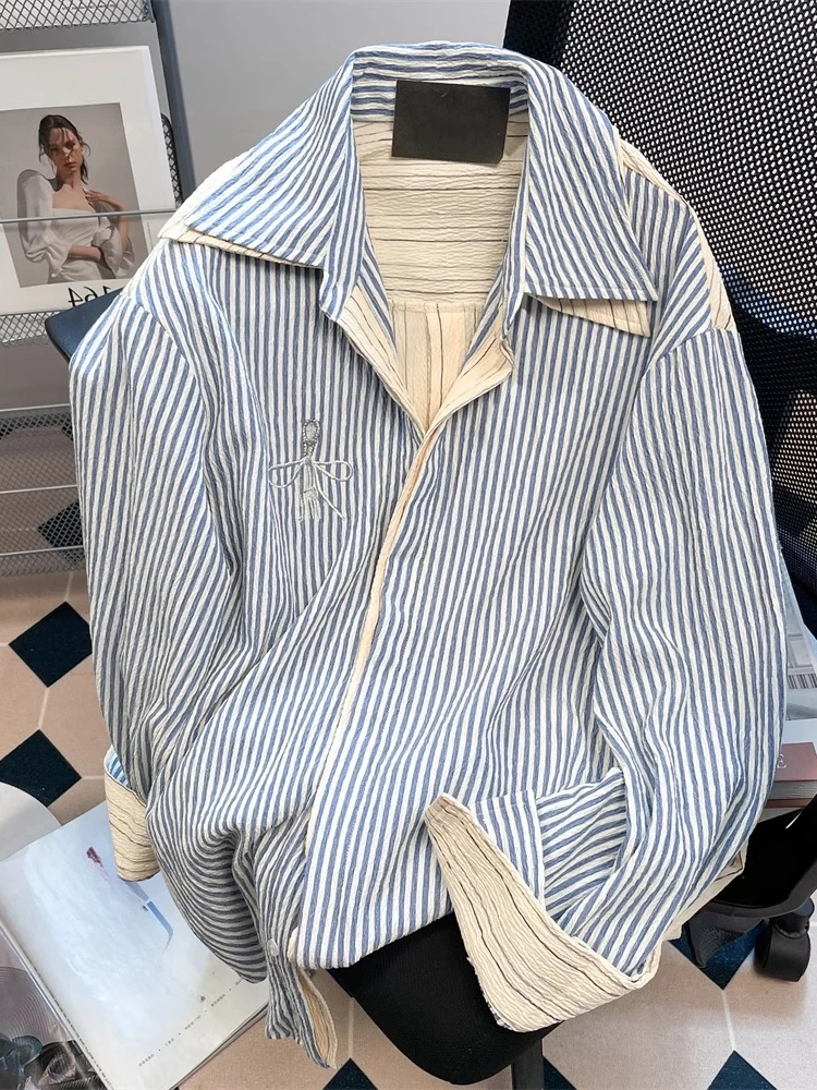 

Japanese All Match Blouses Fake Two Piece Long Sleeve Striped Contrast Color Shirts Spring Autumn Tops Loose 2025 Women Clothing