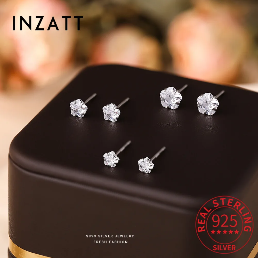 

INZATT Real 925 Sterling Silver 4/5/6mm Zircon Flower Star Mini Stud Earrings for Women Cute Fine Jewelry Geometric Accessories