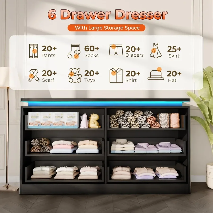 خزانة سوداء ذات 6 أدراج لغرفة النوم، خزانة ذات أدراج حديثة بطول 47.2 بوصة مع محطة شحن مدمجة وأضواء LED محيطة #4