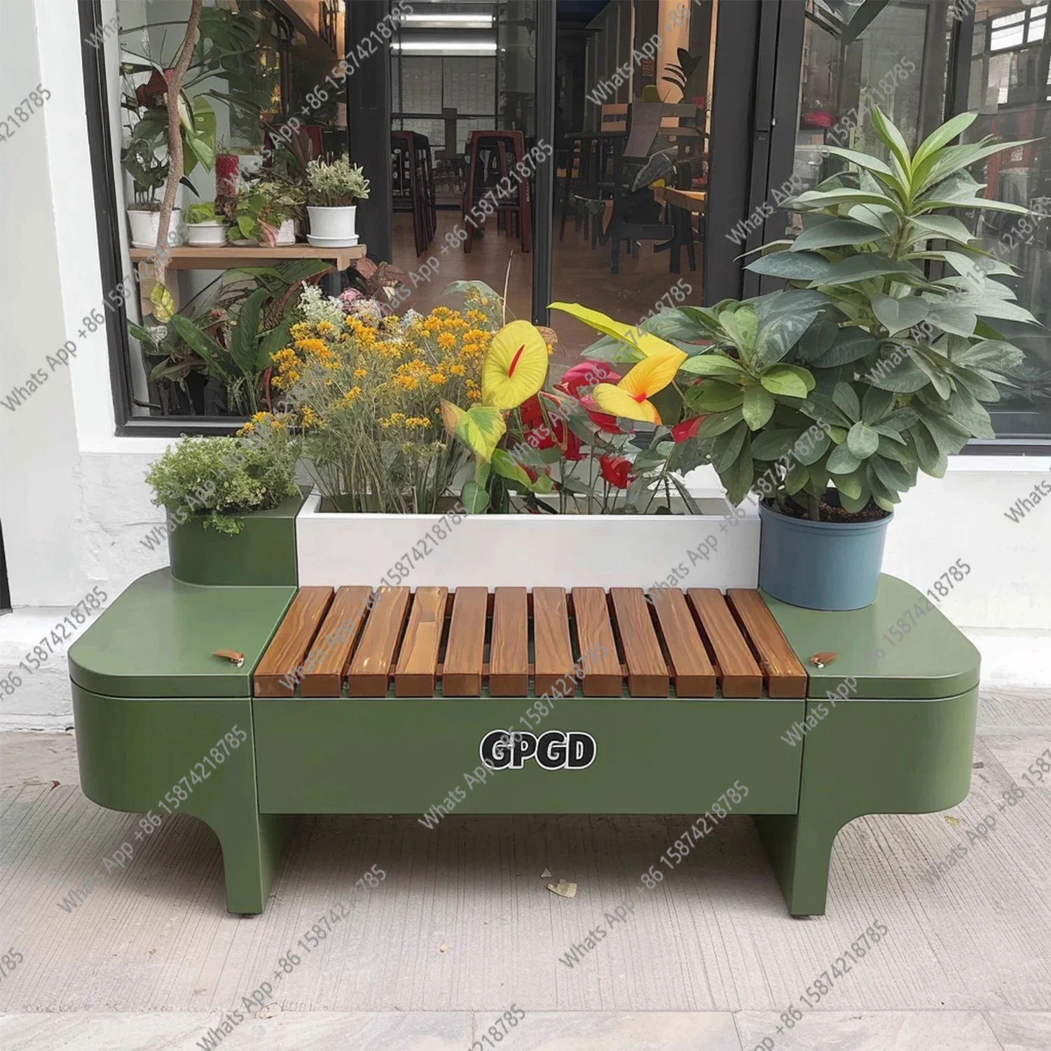 A63 Outdoor seat seat stool card seat flower box combination wrought iron square commercial street rest stool landscape flower
