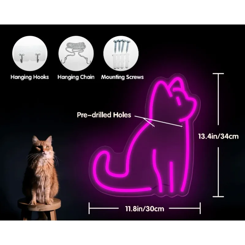 Cat Neon Signs Dimmable LED Bedroom Bar Christmas Kids Birthday Gift Lovers Kids or Girls Room (Pink, 11.8 x 13.4Inch) 5V USB