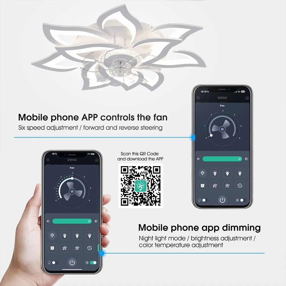 مروحة سقف جديدة مع ضوء مع جهاز تحكم عن بعد، 3 ألوان فاتحة ذكية قابلة للتعتيم 6 سرعات تركيبات LED داخلية حديثة مثبتة على السطح
