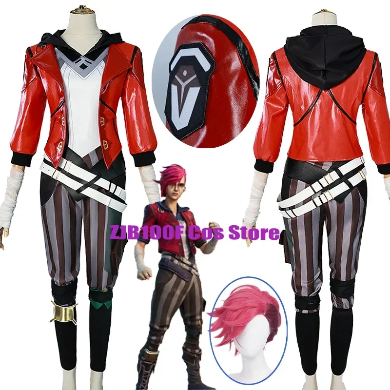 RT01 Vi Gioco Cosplay LOL Arcane Costume Piltover Enforcer Outfit Vi Uniforme Parrucca Rossa Vestito Carnevale di Halloween Gioco di Ruolo Puntelli * JK2