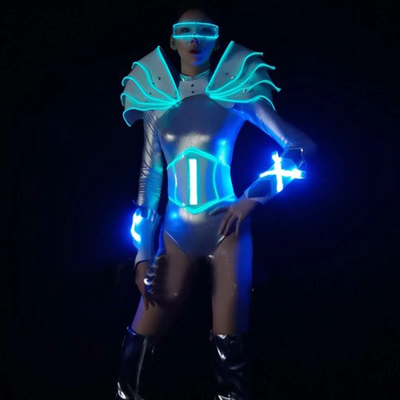 Traje de luz LED de plata para mujer, traje de fiesta de cantante, espectáculo de discoteca, DJ, Ds, Pole Dance, festival de Música, Gogo