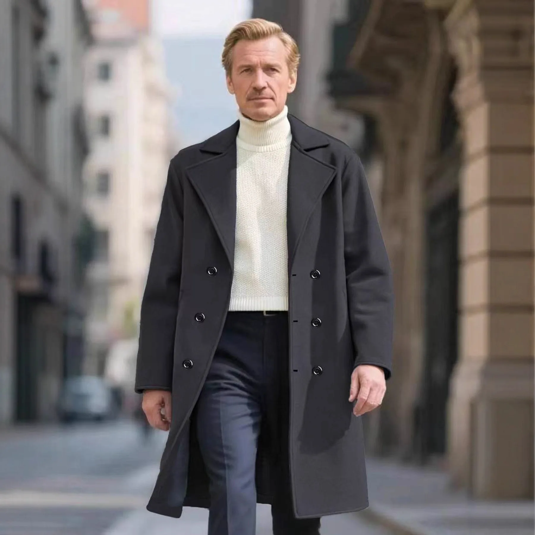

Men's Double-breasted Fashion Casual Solid Color Woolen Trench Coat Long High-end Trench Coat