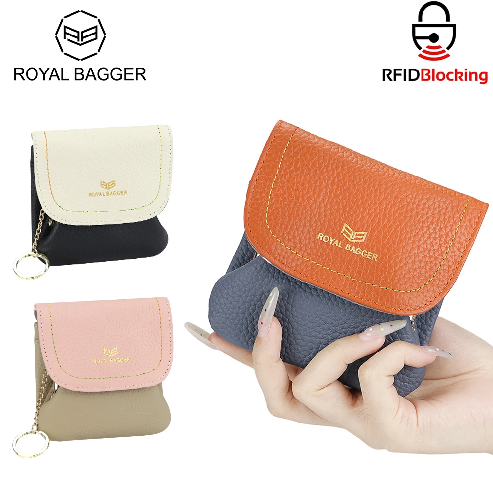 Mini bolsa de moedas Royal Bagger Color Block, porta-cartão de crédito simples RFID com trava Kiss, bolsa de armazenamento casual de couro genuíno