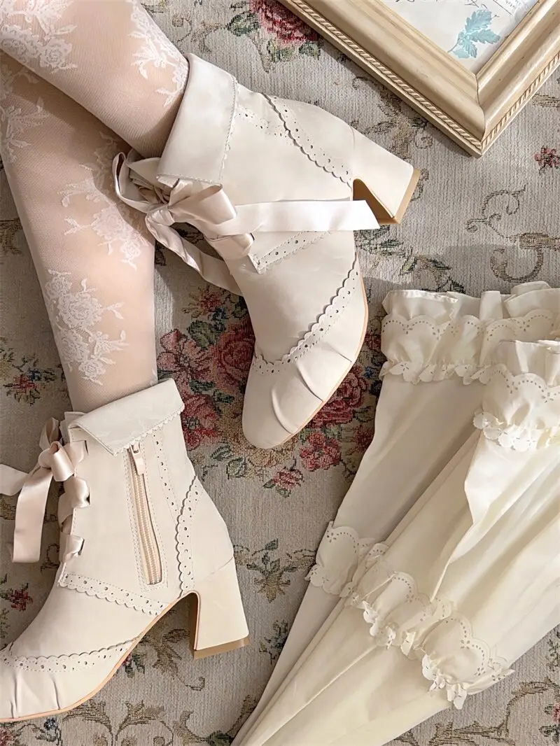 Japanese Original New Product Lolita Bow High Heels Women's Round Head Elegant Short Boots Cla French Retro Lo Shoes Female