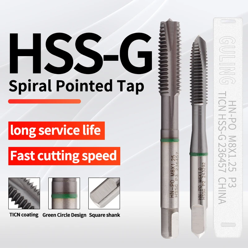 グラリング-スパイラルポインテッドタップ、ステンレス鋼用ネジタップ、標準小ねじ、HSS-G、jis、m2、m2.5、m3、m4、m5、m6、m7、m8、m10、m12