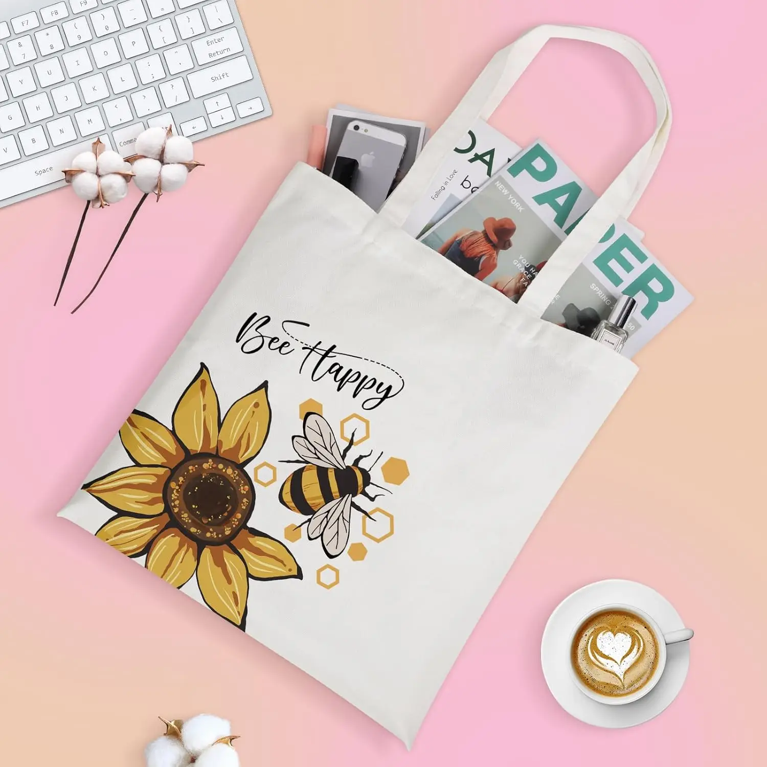 Bolso de mano de lona con diseño de panal de abejas, ecológico, para el trabajo y las compras, de la marca Sunflower Bee "Bee Happy"
