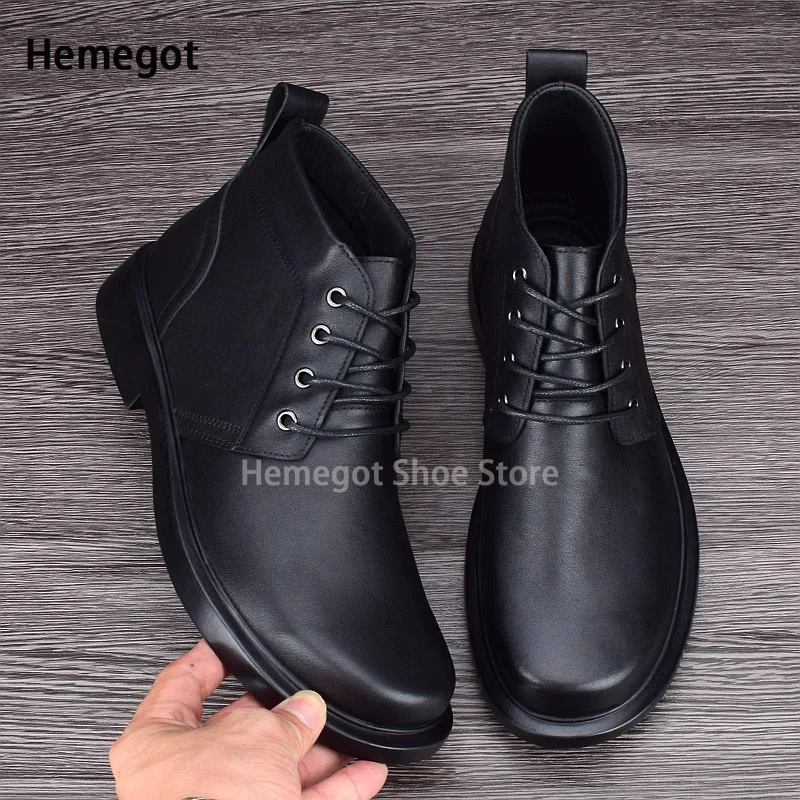 

Black Leather Men's Boots Height Increasing Lace-Up Men's Shoes Novelty Designer Solid Booties British Style Handmade Men Shoes
