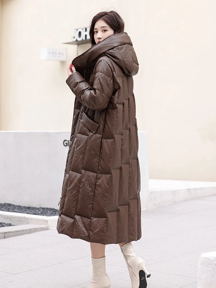 Haining Genuine Leather down Jaet Women's Mid-Length 2025 Winter New Korean Sle Casual eepskin Hooded Leather Coat