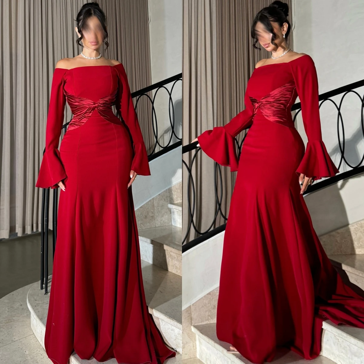 

Customized Elegant Red Jersey Evening Dress Formal Boat Neck Long Sleeves Celebrity Gowns Classic Mermaid Court Train Prom Dress