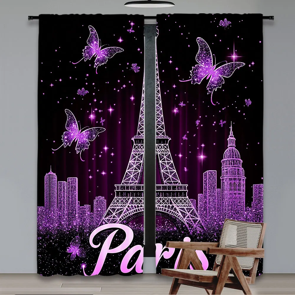 2Pcs Paris Eiffel Tower Curtains Curtains Adults Butterfly Florals Fashion Purple Romantic Suitable For Living Room Bedroom