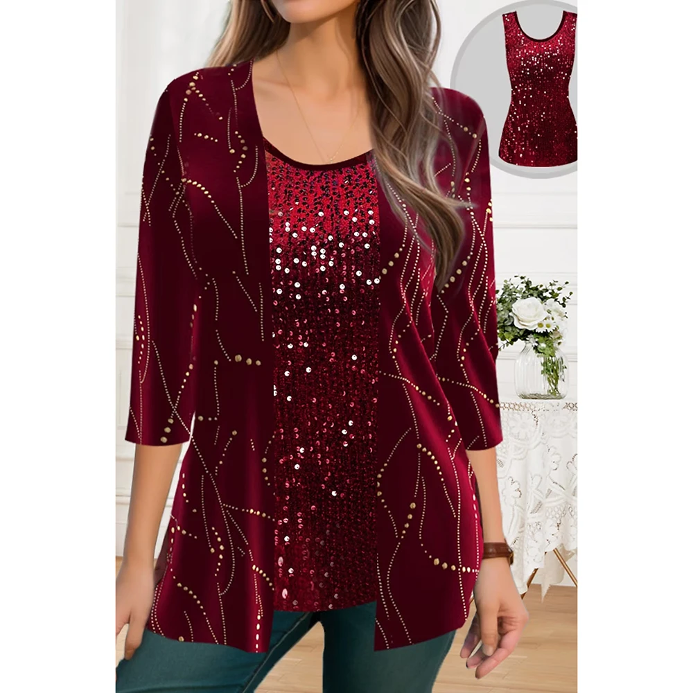 Plus Size Casual Burgundy Velvet Bronzing Print Sparkly Sequin Two Pieces Blouse Cover Up Tops with Round Neck Vest