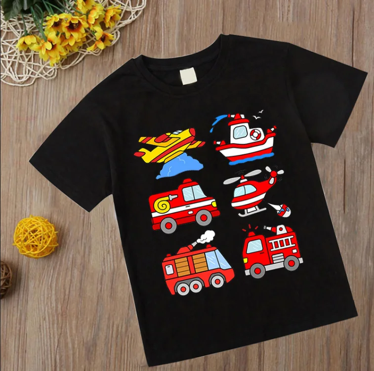 Camisetas de excavadoras y bomberos para niños, ropa de bebé, disfraz de locomotora, dibujos animados de coche, 2024