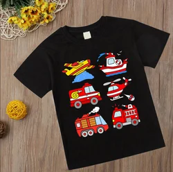 SummerExcavors Firetrucks Motores de Bombeiros Camisetas Crianças Roupas de Bebê Traje Crianças Roupas Locomotiva Carro Dos Desenhos Animados Camiseta Tops