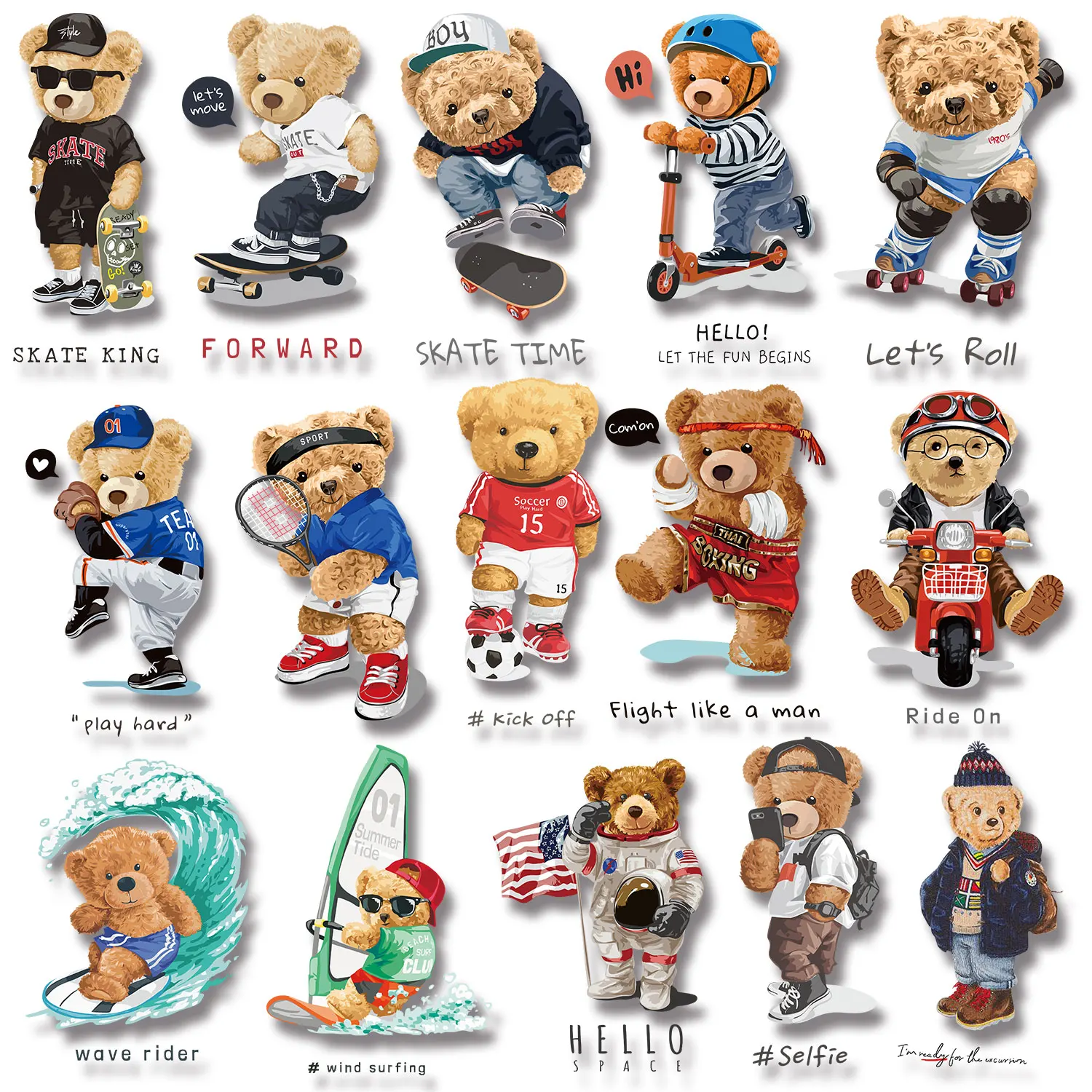 Skate Time Bear Live To Ride Fight Like A Man Astronaut Soccer Sport Iron-on Transfers for Clothing Bright Colors DIY Decoration