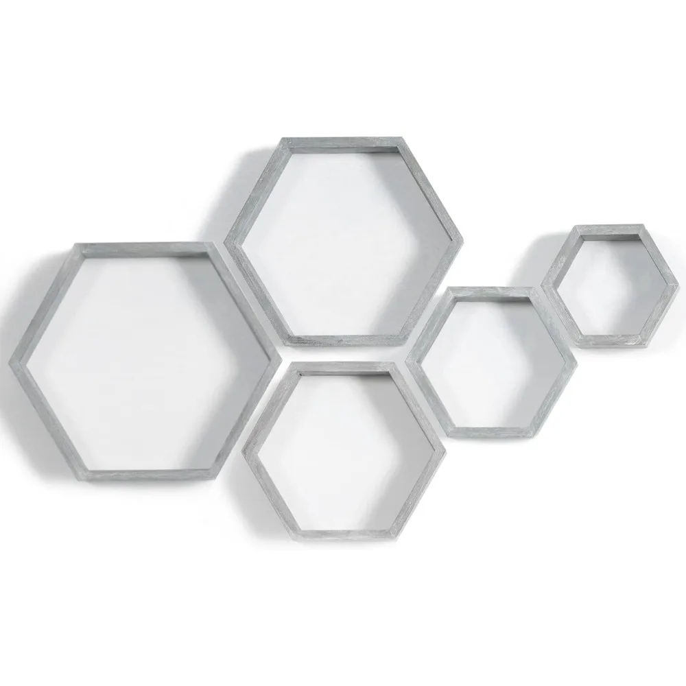 

Hexagon Floating Shelves,Wall Mounted Wood Farmhouse Storage Honeycomb Wall Shelf Set of 5,for Bathroom, Kitchen