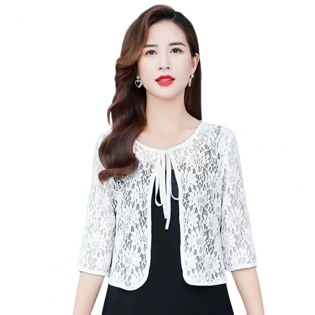 Women Lace Jackets Stylish Floral Embroidery Lace-up Coat for Women Three Quarter Sleeves Shawl Jacket with Hollow Out Lace