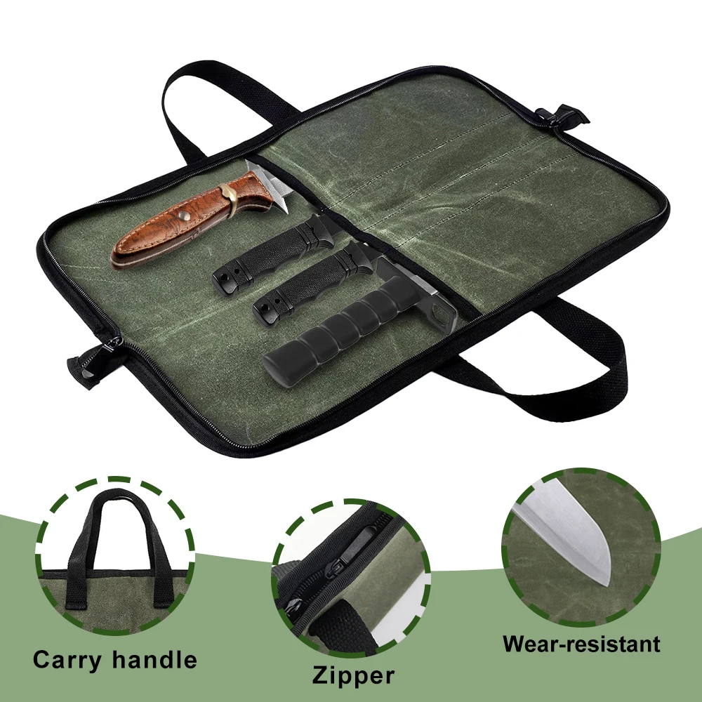 Waxed Canvas Knife Roll Bag Multi Slots Portable Chef Knife Storage Case Tactical Carry Bag Knife Bag for Cooking Camping Tools - view 4