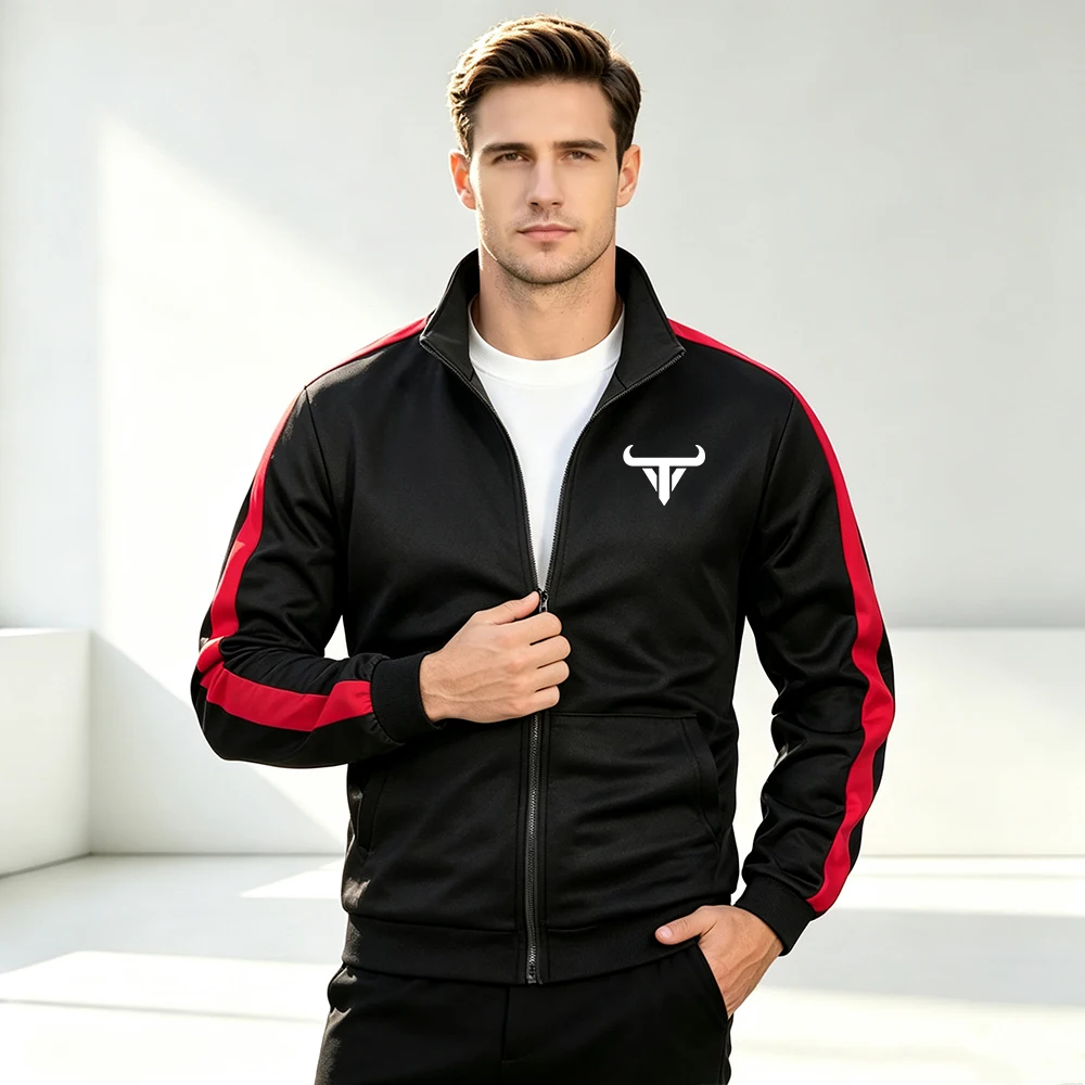 Men Colorblock Patchwork Stand Collar Jacket with Pocket Geometric Bull Head Print Fall Spring Warm Long Sleeve Zip Up Coat Tops