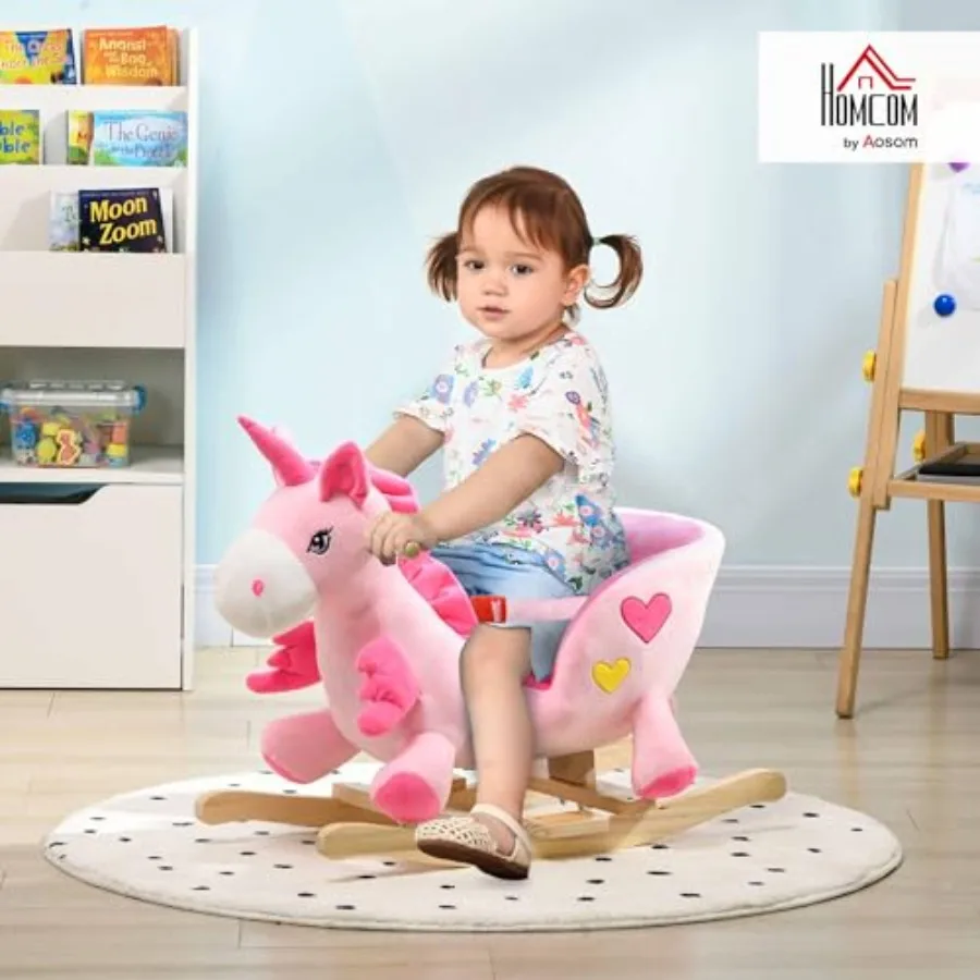 Pink Baby Rocking Horse Ride on Unicorn with 32 Songs Toddler Rocker Toy featuring Wooden Base Seat and Safety Belt for 1.5-3 Y