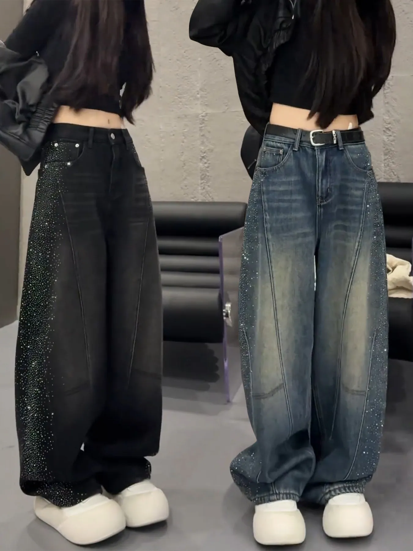 

American Style Rhinestone Wide Leg Jeans Women's High Waist Straight Cut Spring New plus Size Loose Slimming Long Trousers