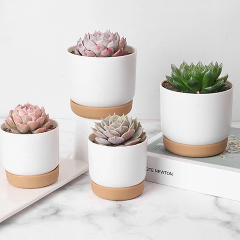Small White Ceramic Planter Mini Flower Containers Indoor with Drainage Hole