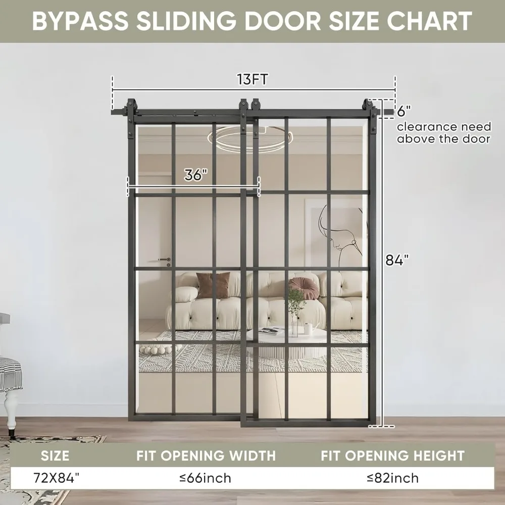 Double Glass Barn Door, with 6.6FT Side-Mounted Hardware Kit, (Fit Max Opening 64"),2 Sets of 36x84 in Black Frame Barn Door