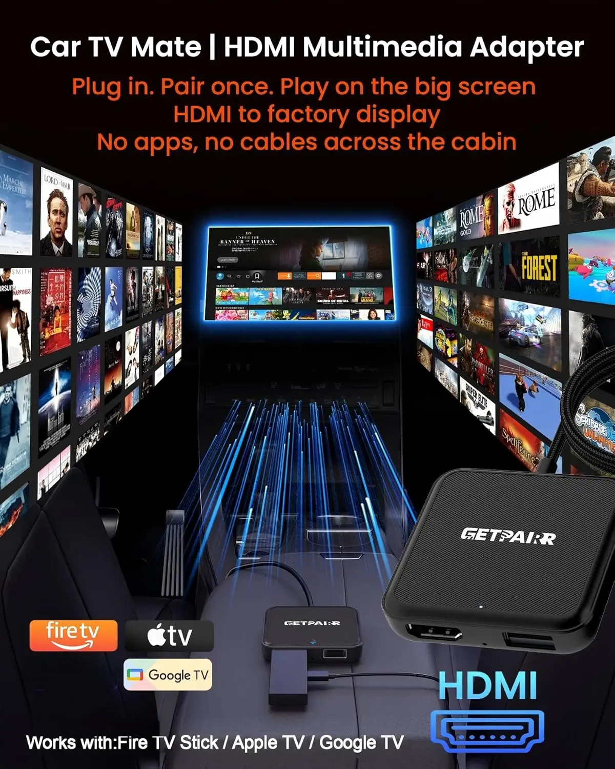 Adaptador CarPlay/Android Auto e HDMI sem fio 4 em 1 para iPhone/Android, espelhamento de tela Fire TV Stick