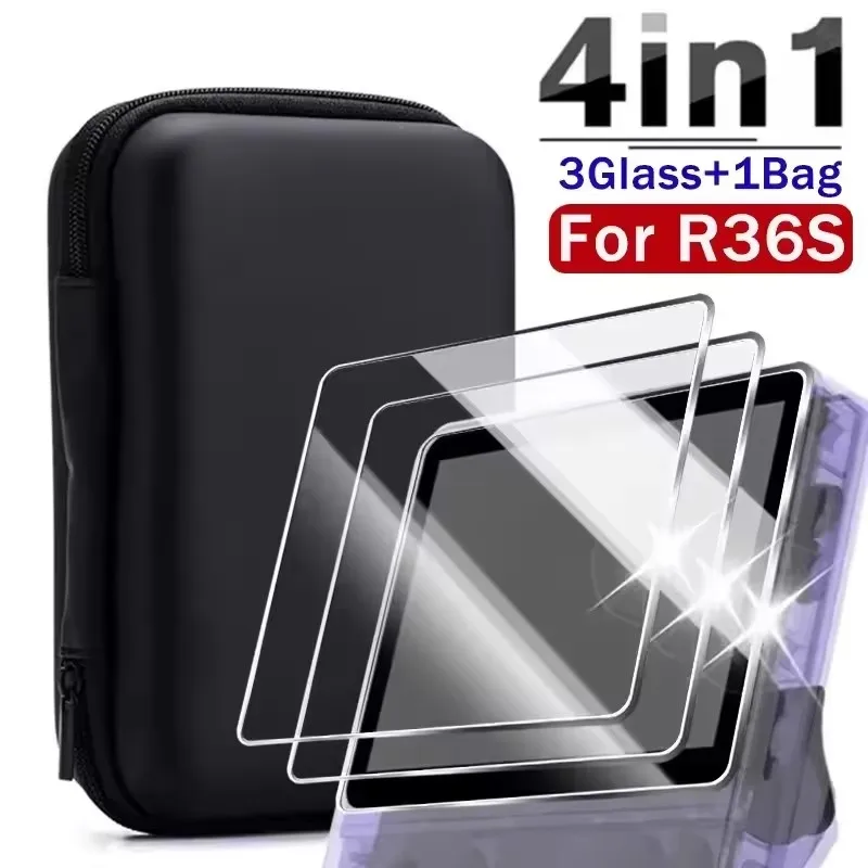 4-in-1 tas + films voor R36S gameconsole draagtas met koordje gehard glas voor R36S scherm beschermer anti-kras kit