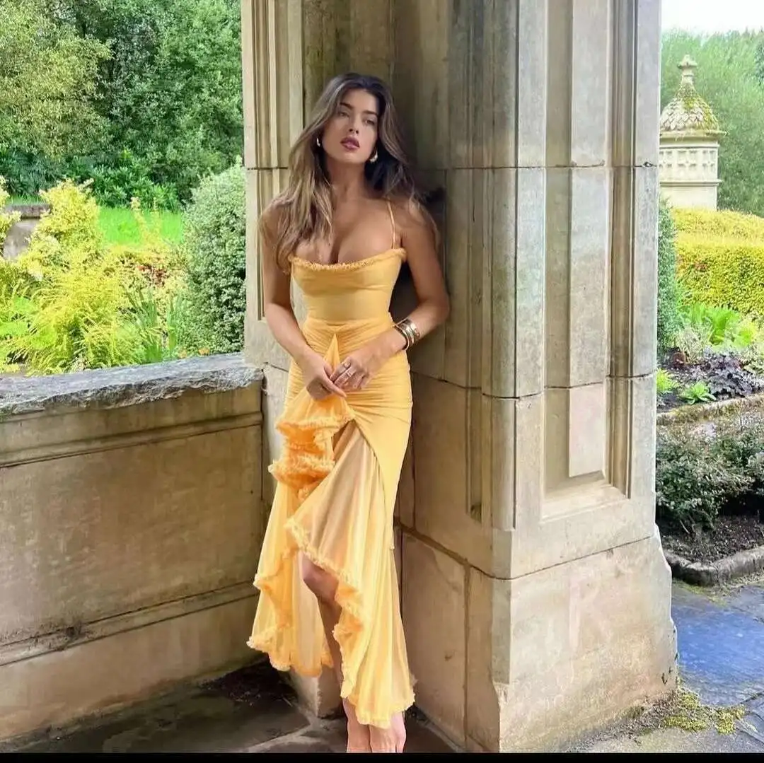 Sexy Evening Club Party Dresses 2025 Summer Mesh Ruffle Long Dress Spaghetti Strap Backless Irregular Ruched Bodycon Robe