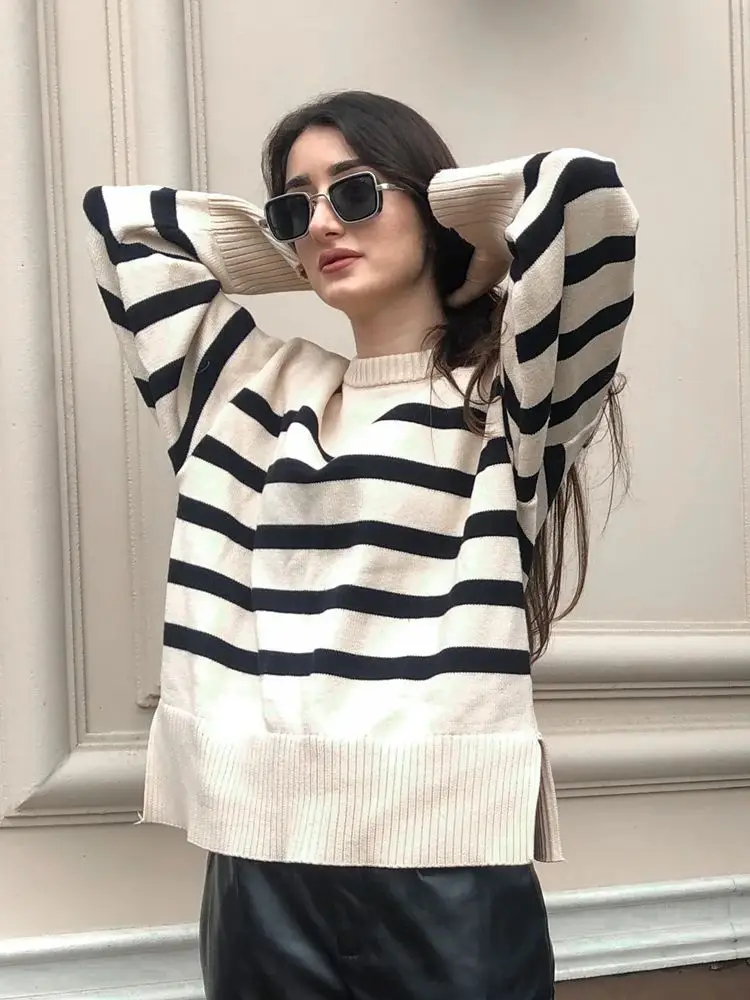 Autumn Winter Basic Sweater Women Long Sleeve O-Neck Pullovers Oversized Loose Striped Casual Jumper Tops Women 2025 New Sweater