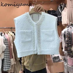 Komiyama Summer V-neck Pearl Vests Tops Korean Fashion Sleeveless Knitted Jackets Women Crop Top All-match Camisole Coats