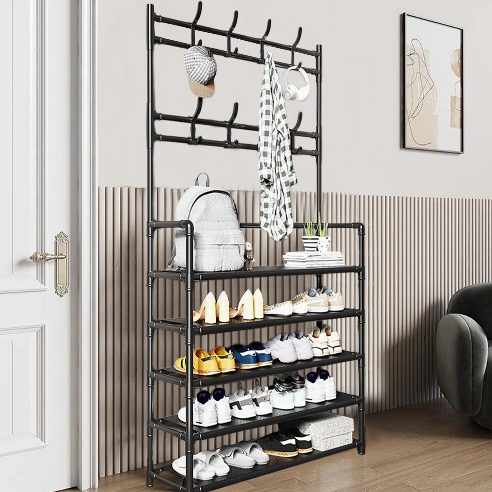 Free Standing Large Capacity Shoes Rack Multiple Hooks Strong Load-bearing 5 Tiers Hat Coat Shoes Storage Stand