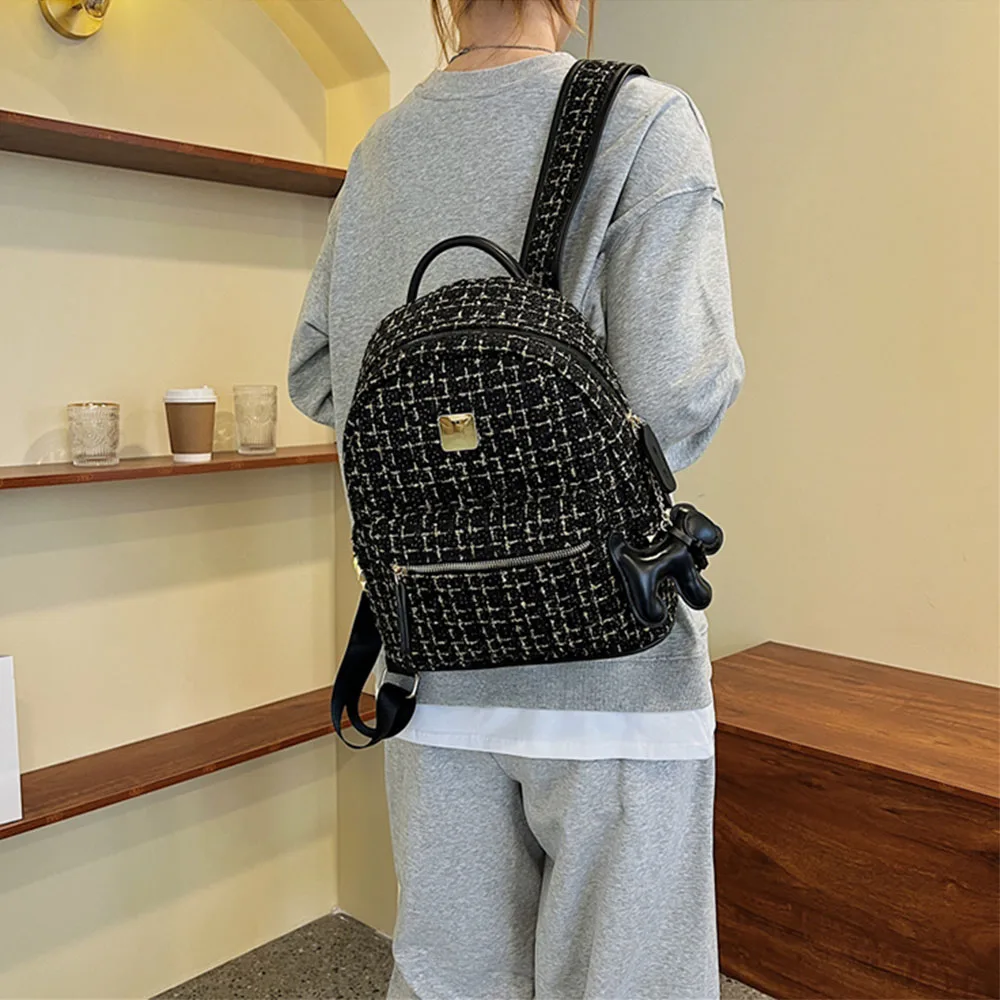 Vintage Women Tweed Backpacks Patchwork Plaid Print Large Capacity Female Casual School Bag Large Capacity Commute Shoulder Pack