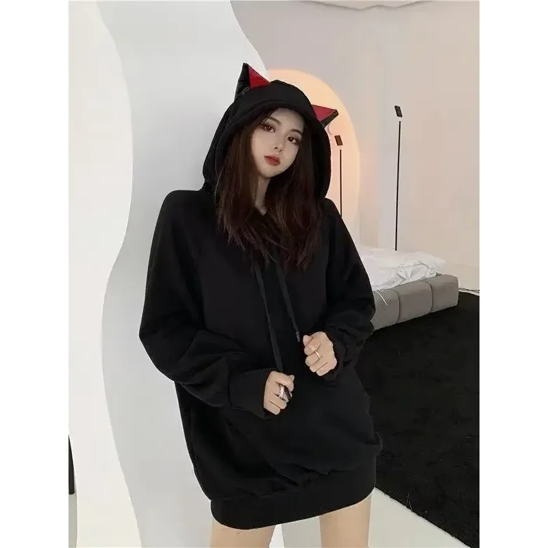 

Korean Cat Ears Hoodie Women Black Kawaii Long Sleeve Autumn Winter Loose Casual Hooded Sweatshirt Gothic Streetwear Y2k Clothes