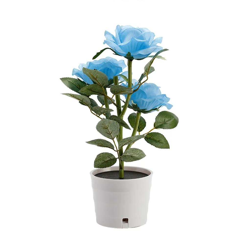 Solar Rose Flower Lights LED Artificial Rose Pot 3 Lights Flower Bonsai LED Night Lamp for Garden Bedroom Office Hotel