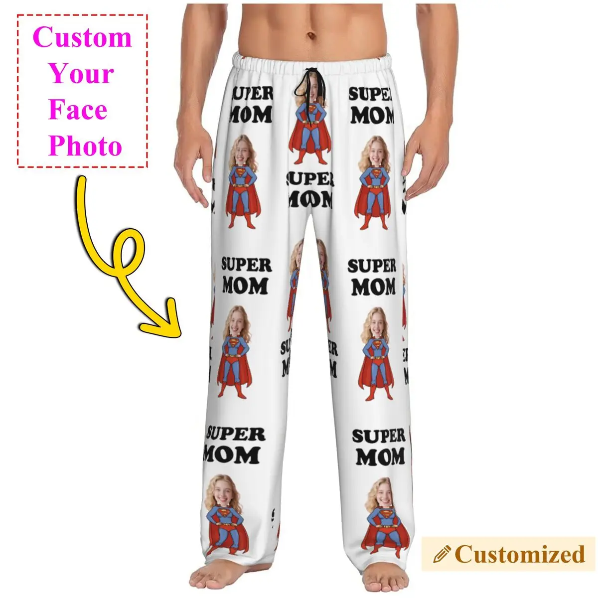 Super Mom Custom Pajama Pants Sleepwear Men Elastic Waistband Personalized Face Photo Print Sleep Lounge Bottoms with Pockets