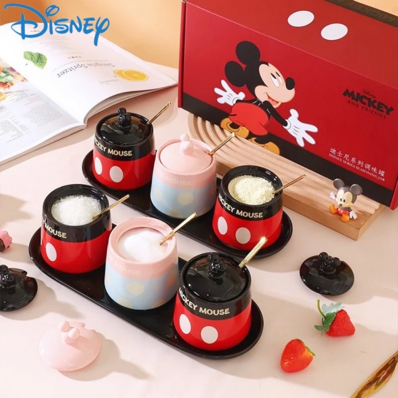 

Disney Mickey Kitchen Seasoning Box Ceramic Seasoning Pot Set Salt Pot With Spoon Seasoning Pot Household Cartoon Seasoning Box