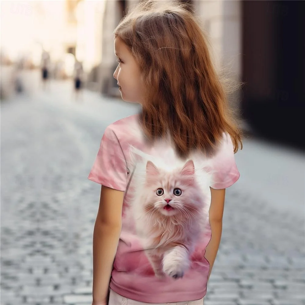 

2025 Cute Animal Cat 3d Print T Shirt For Girls Cartoon Girl T Shirts Kids Gift Tee Short Sleeve Casual Top Children's Clothing