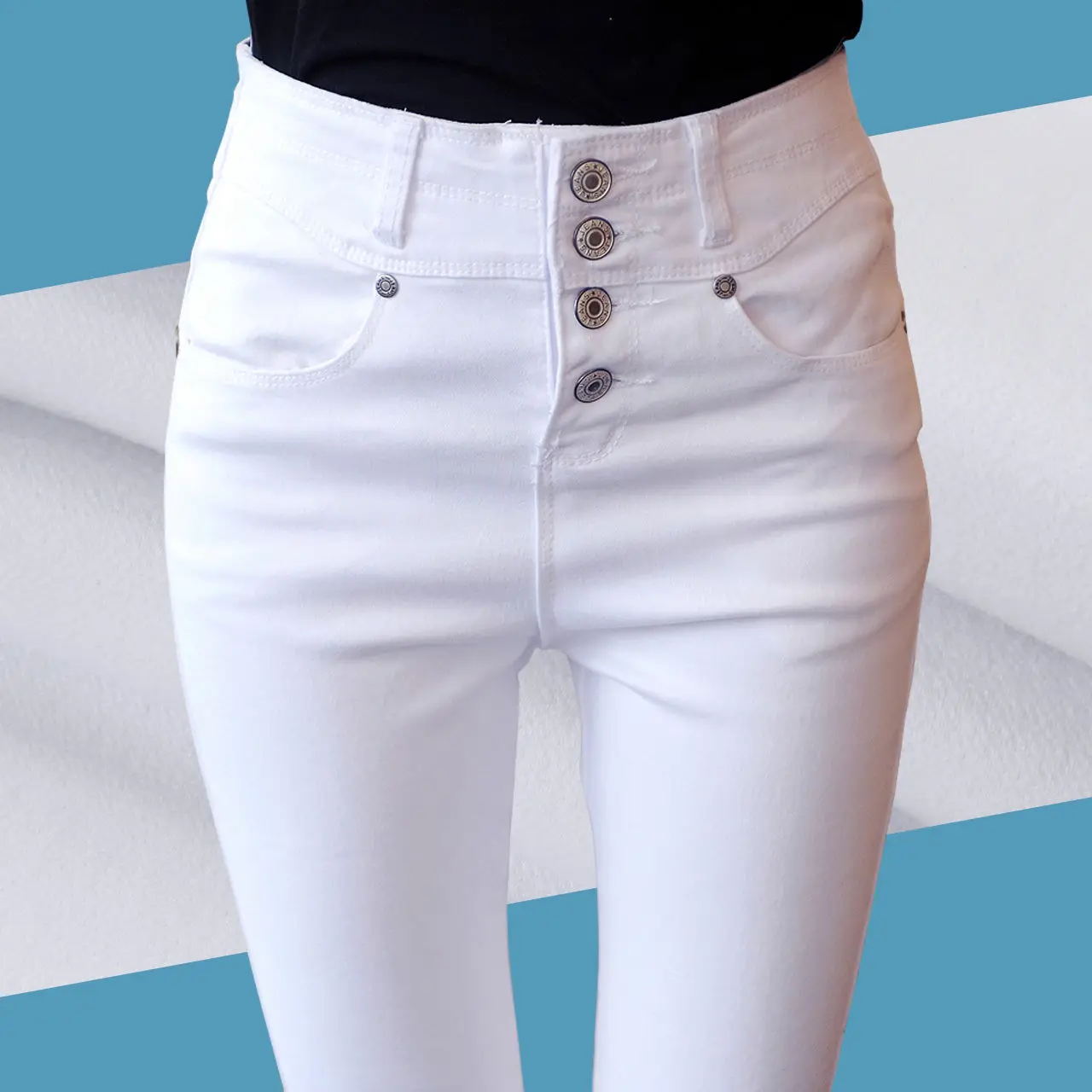 

Jeans for Women Black White High Waist Woman Stretch Trousers Female Button Fly Denim Skinny Pencil Pants