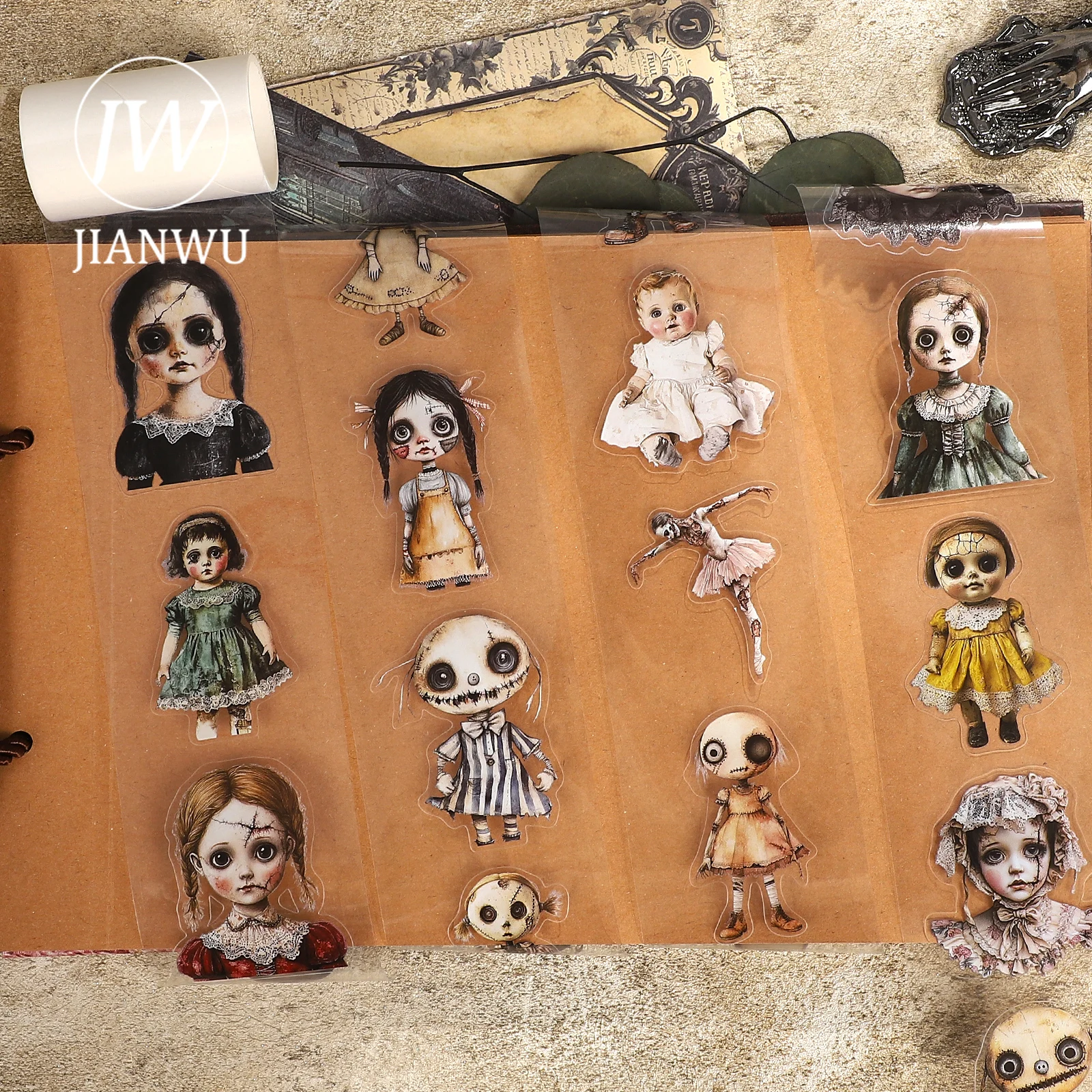 

JIANWU 60mm*200cm Vintage Scray Doll Character Landscape Material Collage Scrapbook PET Tape Creative DIY Journal Stationery