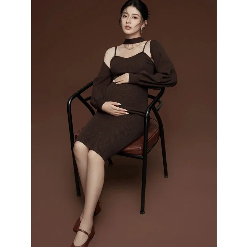 

New Maternity Photography Skirt Autumn and Winter Elegant Knitting Dress Simple Daily Lantern Sleeve Coat+tight-fitting Dress