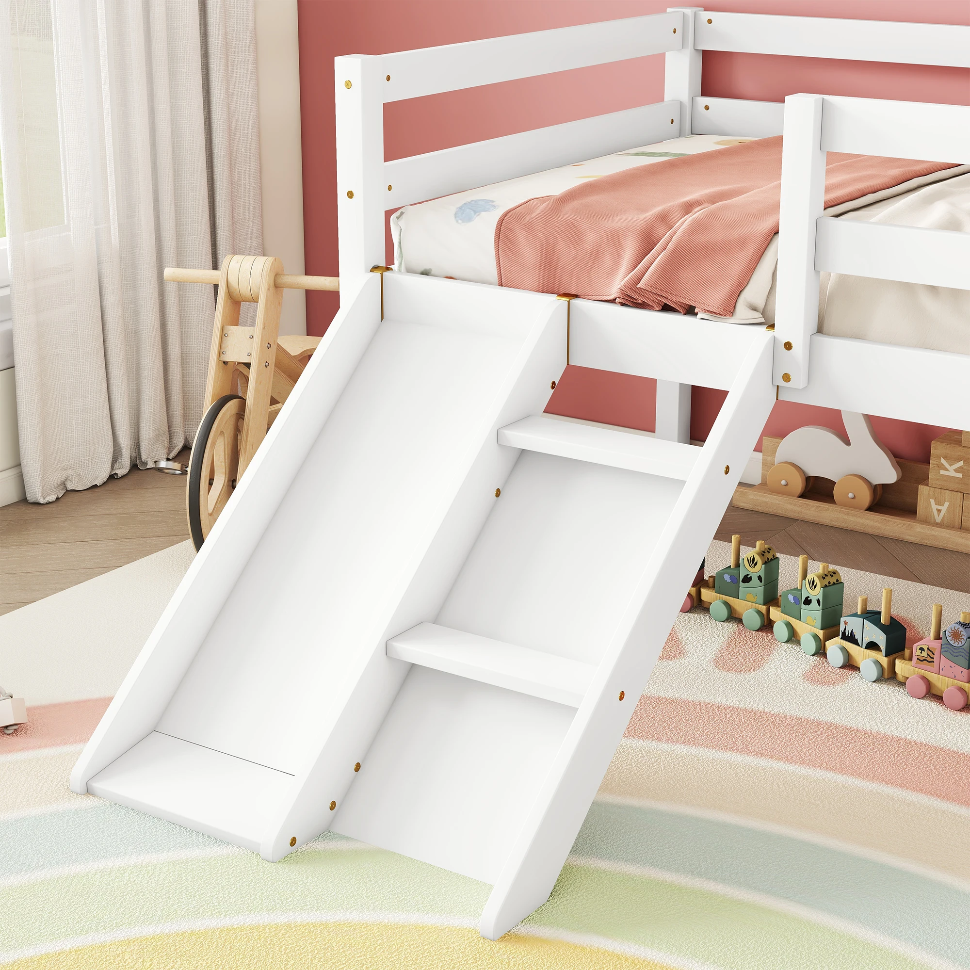 Twin Low Loft Bed with Slide, Ladder, Safety Guardrails, No Box Spring Needed, White  79.50x67.60x31.50 in. image 4